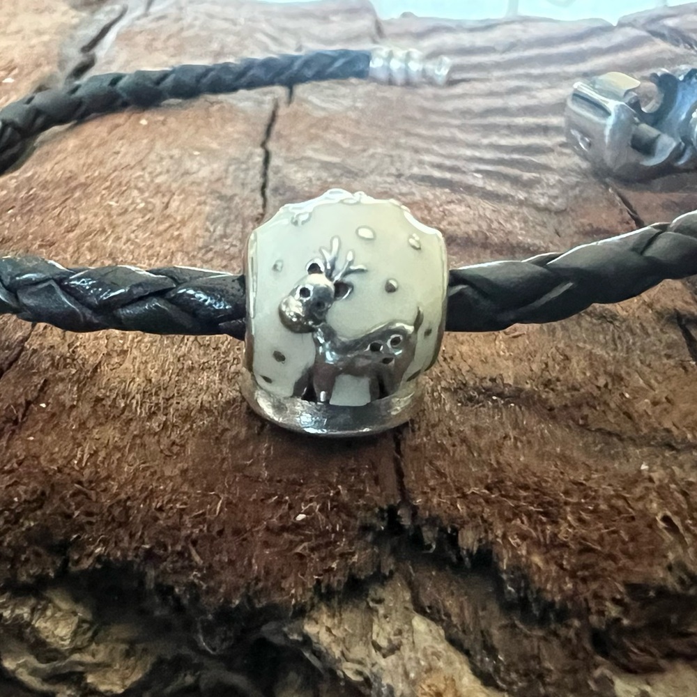 Authentic Pandora Charm Snow Globe Charm Silver Christmas Reindeer White Enamel